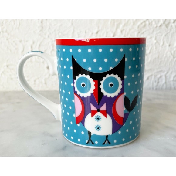 Clicks Owl Mug - Blue Polka Dots Red Purple Pink Owl Fine Bone China Coffee Cup - Picture 1 of 6